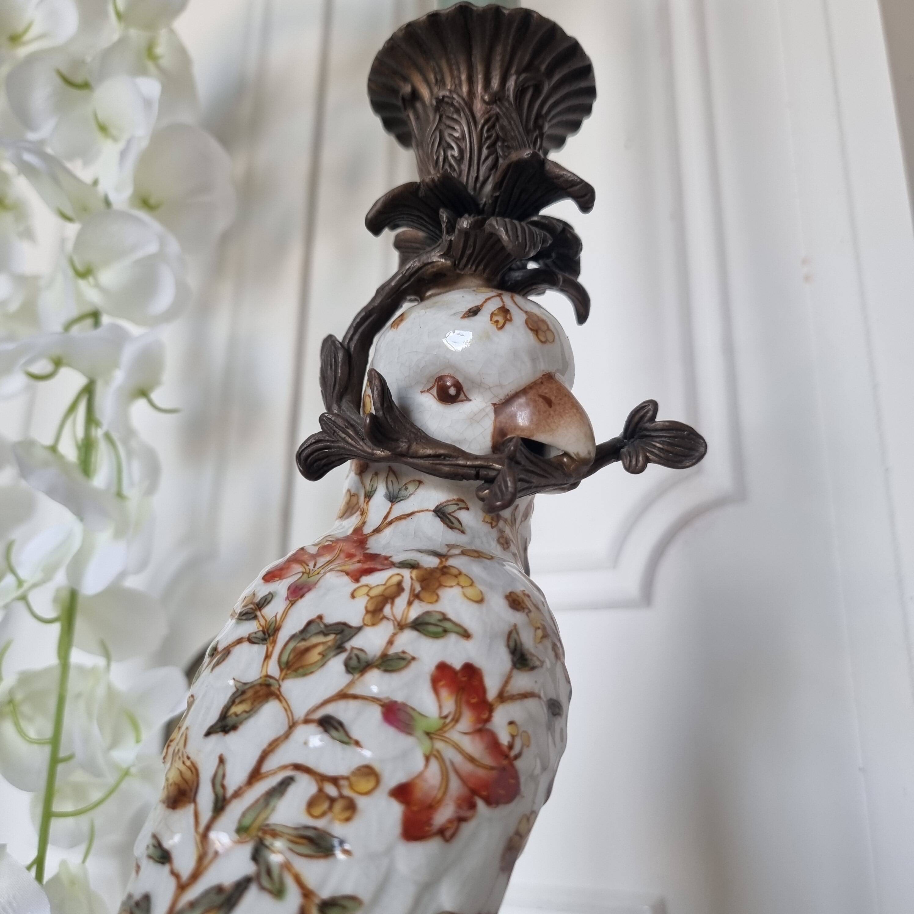 Parrot Candle Holder, Enameled Porcelain and Bronze, Late 19th Century