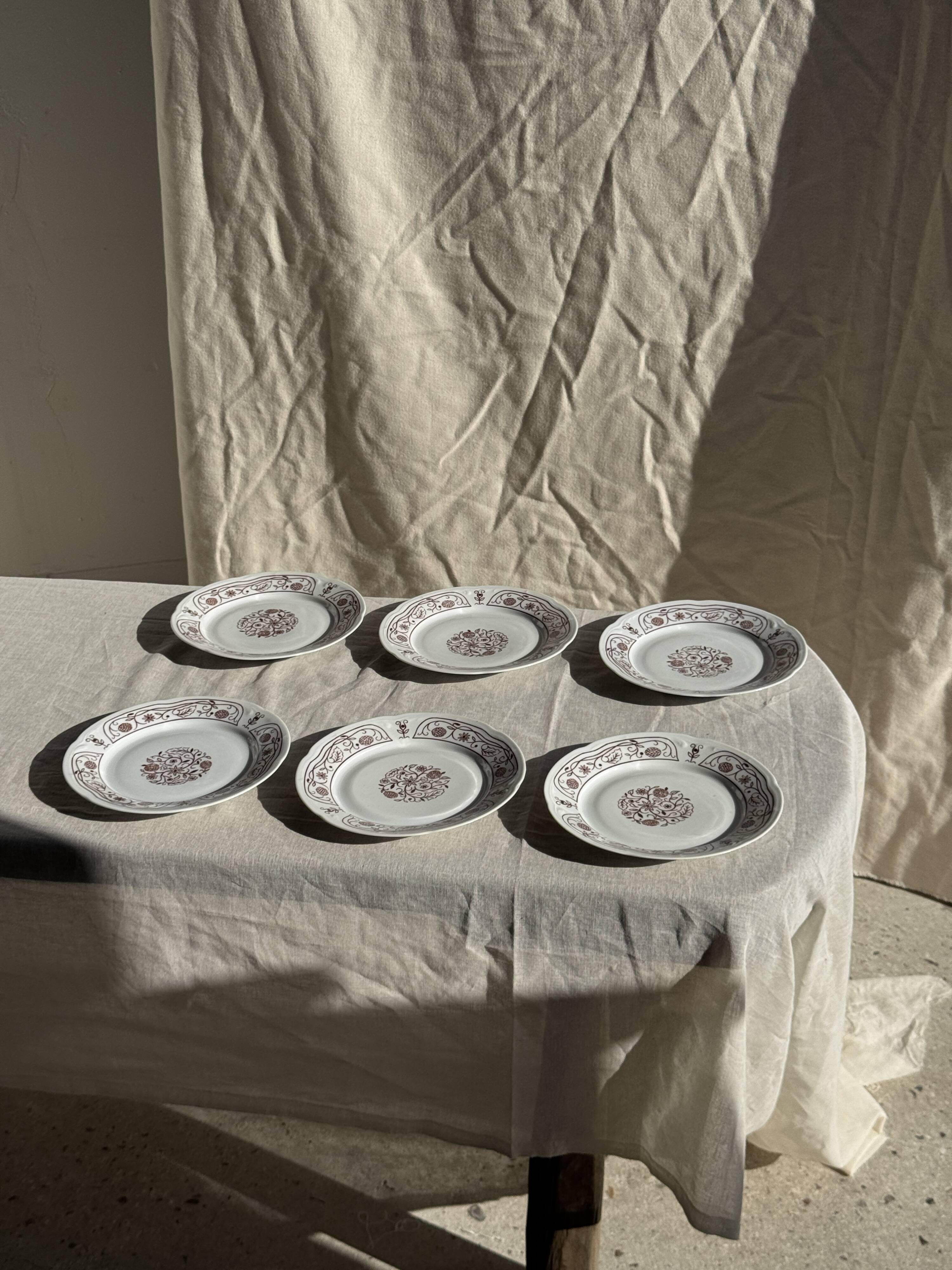 Set of 6 vintage dessert plates made in Poland with a plant motif.