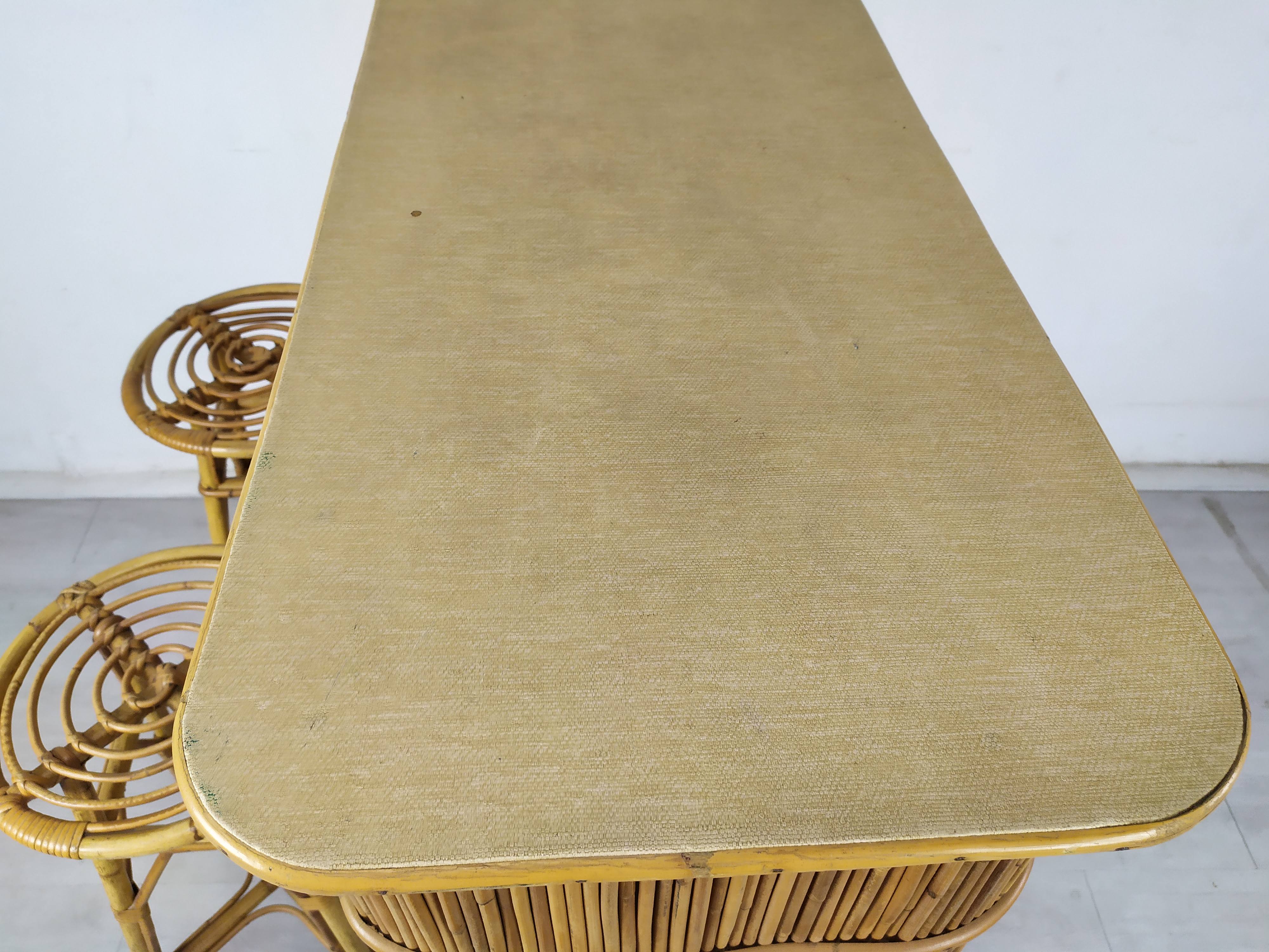 Vintage rattan bar and stools