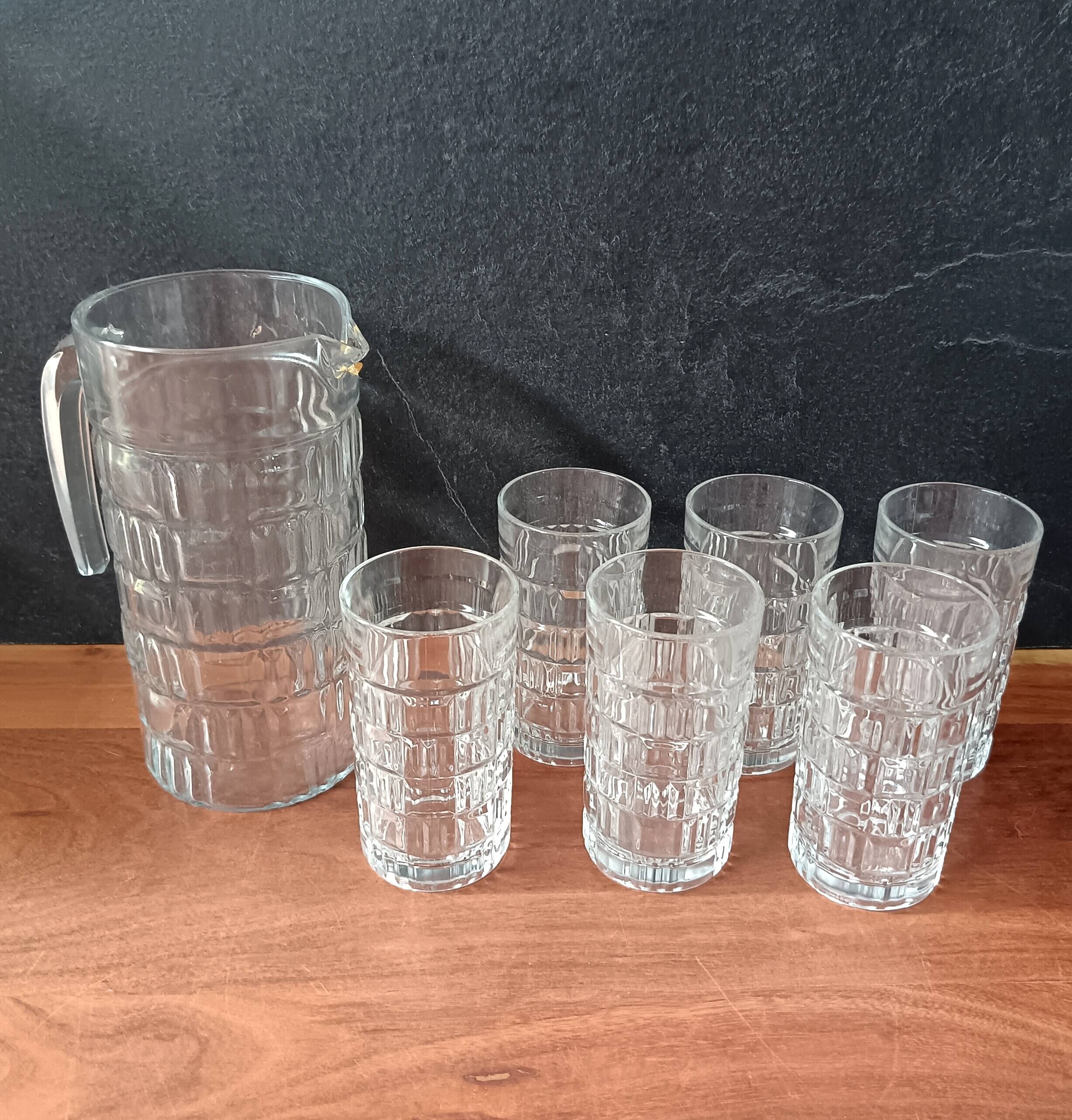 1970s glass orangeade set, 6 vintage Luminarc glasses and pitcher