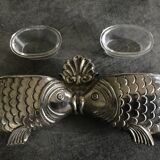 Salt and pepper shaker holder with a pair of fish in metal, Italian design