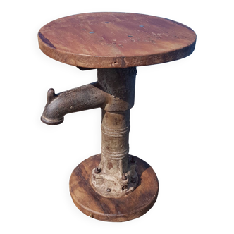 Pedestal table - stool old base cast iron water pump and teak tray