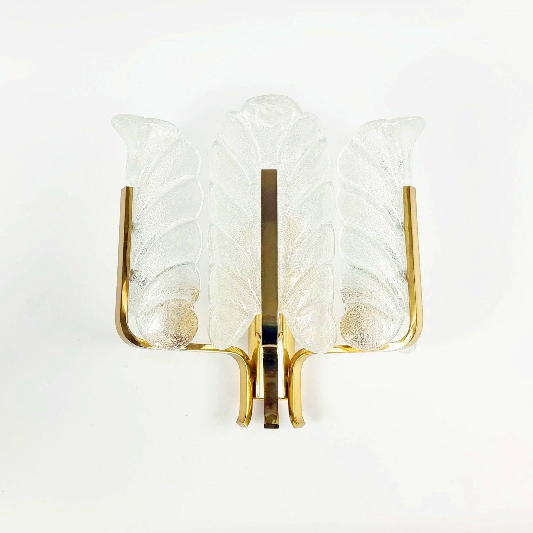 Pair Of Large Scandinavian Glass & Brass Leaf Wall Lights/Sconces By Carl Fagerlund, 1960s