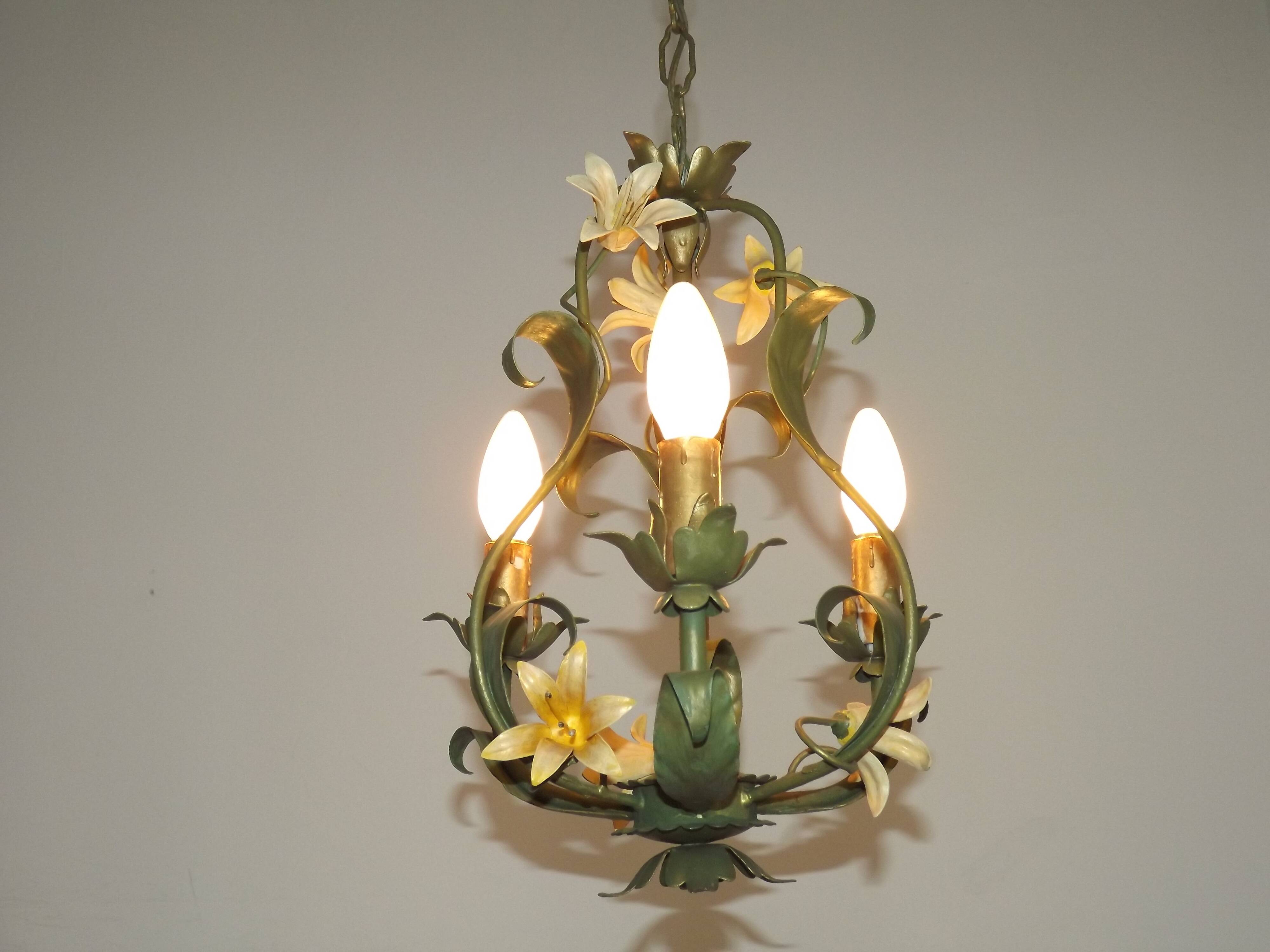 French Vintage 3 Light Cage Chandelier Hand Painted Floral Design