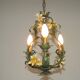 French Vintage 3 Light Cage Chandelier Hand Painted Floral Design
