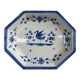 Antique octagonal plate in blue and white pottery with bird decoration.