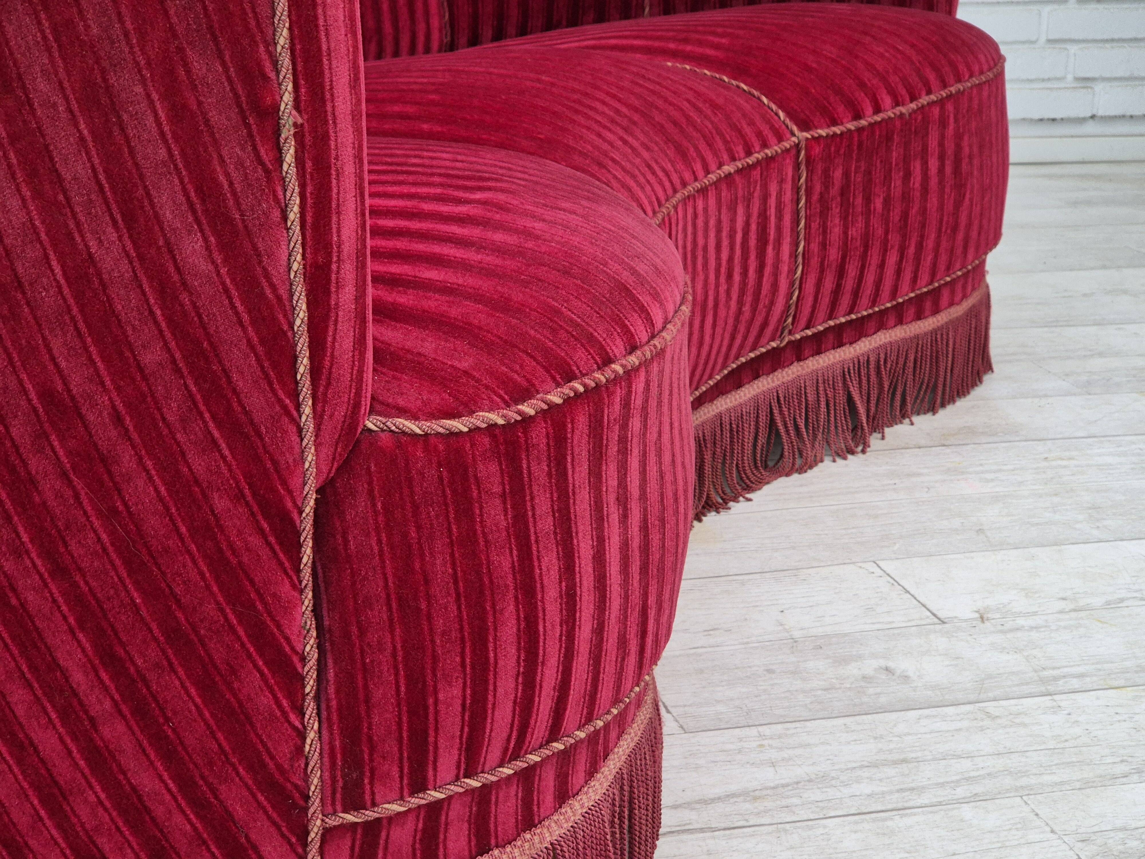 1960s, Danish 3-seater "Banan" sofa, original cherry-red furniture velour.