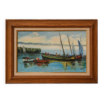 Animated marine scene – Oil on canvas signed V. Le T. (to be identified)