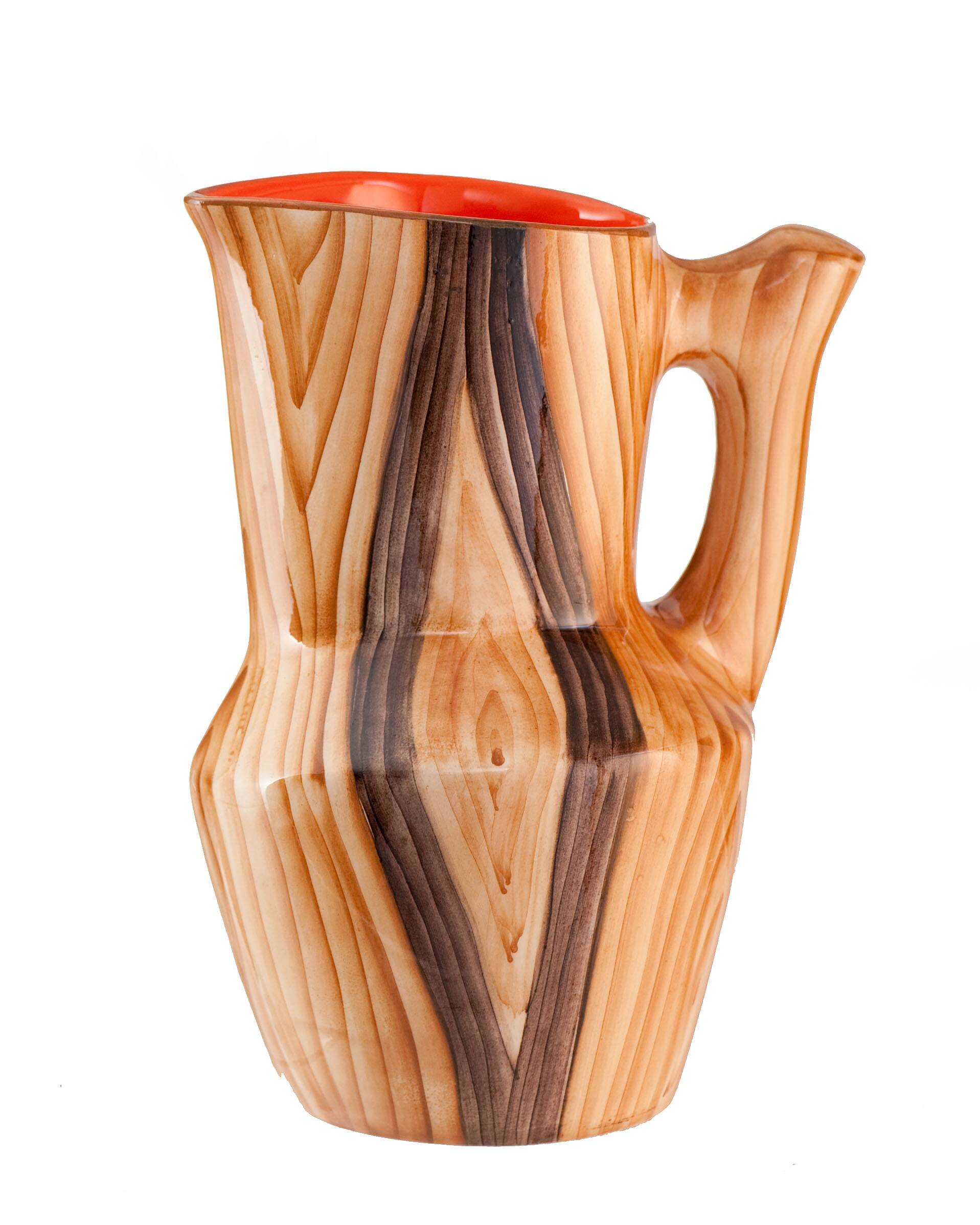 Orangeade service pitcher and 6 ceramic glasses faux wood and wrought iron Vallauris year 50/60
