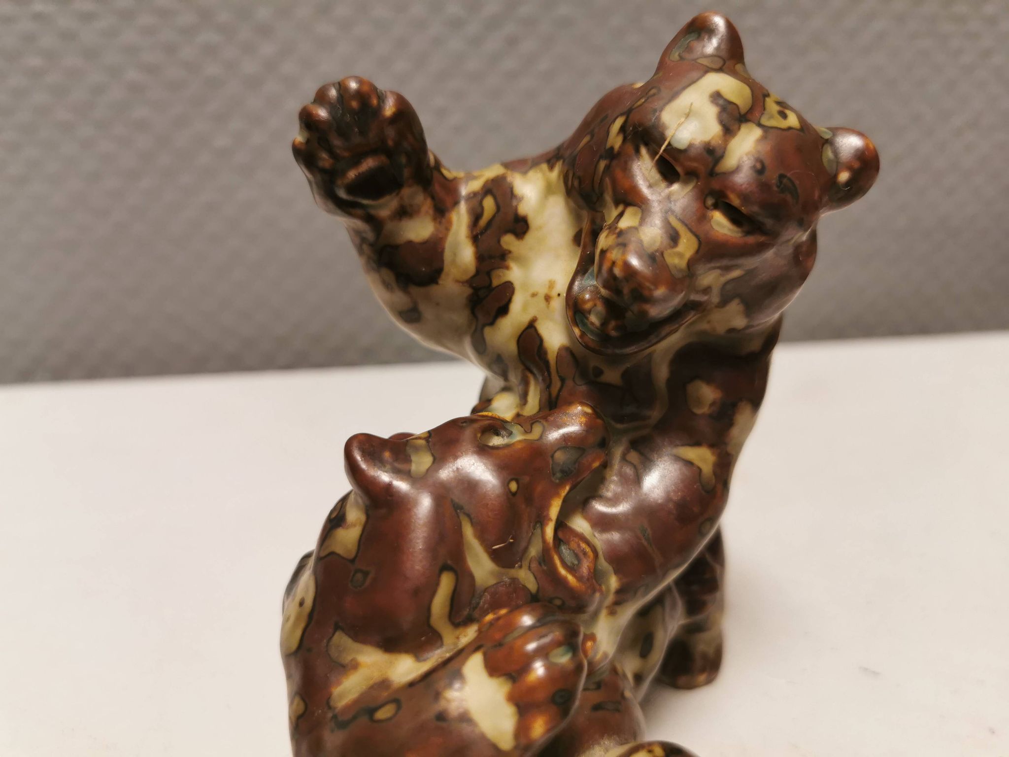 Two bear figurines from Danish Royal Copenhagen mid last century in sung glaze by Knud Kyhn (KK)