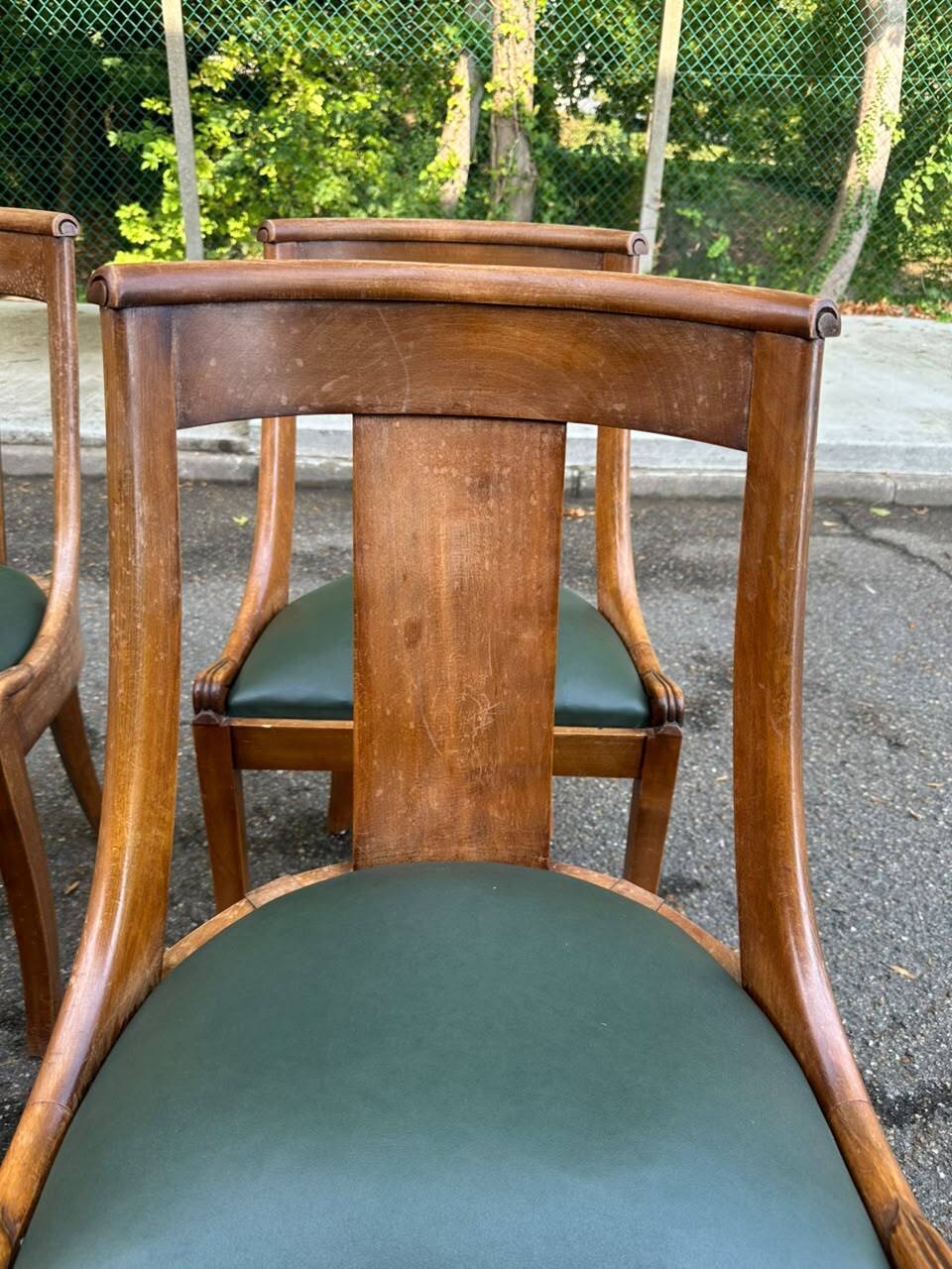 4 gondola chairs, Charles X restoration, solid wood and green leather, 19th century.