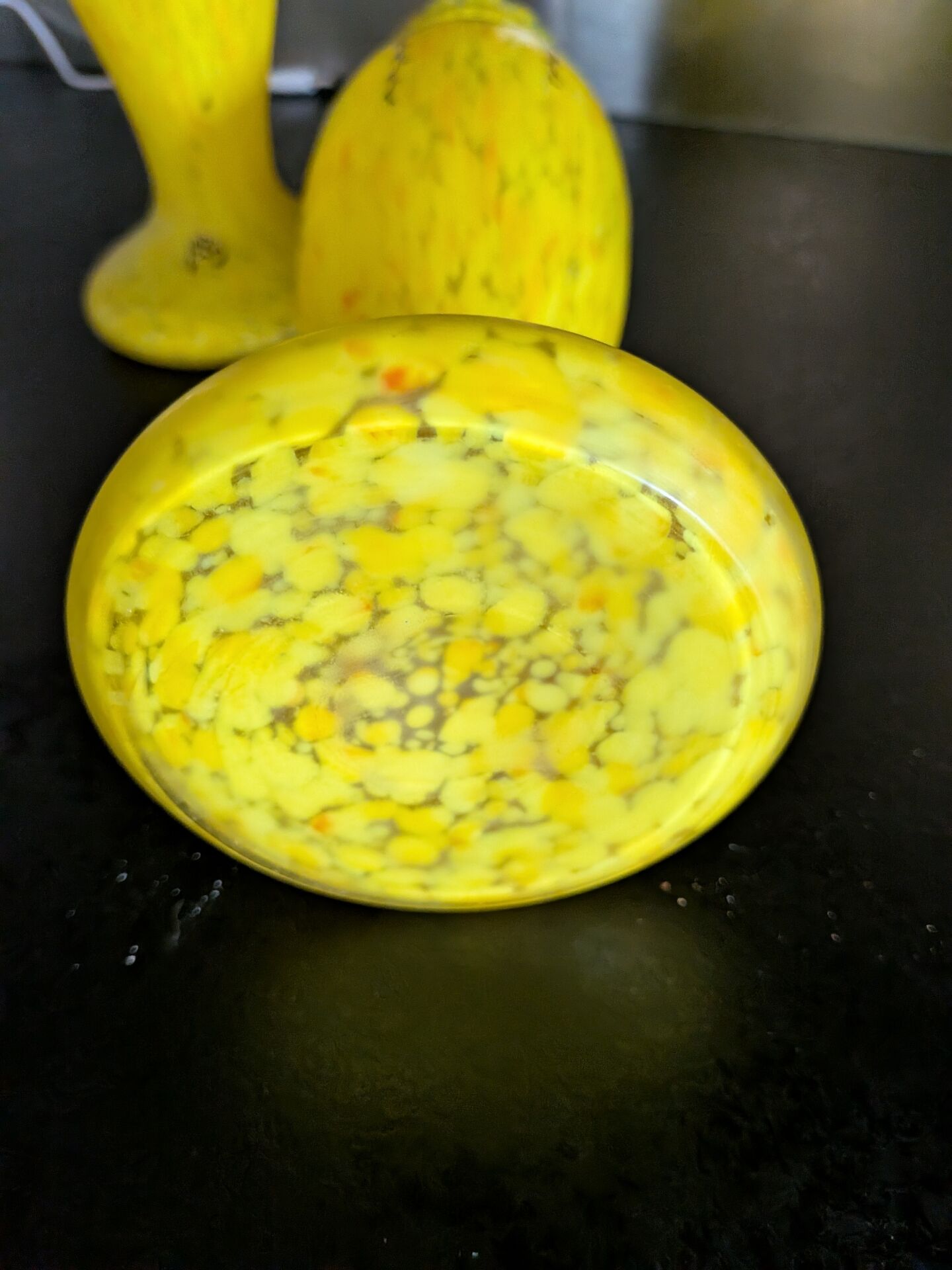 Pair of Legras vases — yellow marbled glass, enamelled Art Deco decoration,