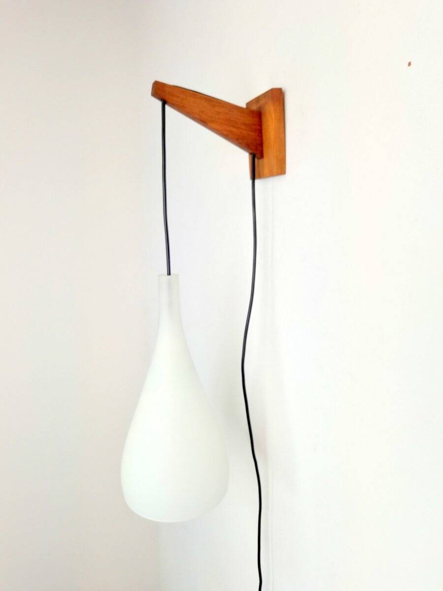 Vintage Tear Drop Wall Lamp in Teak and White Glass, Denmark, 1960s