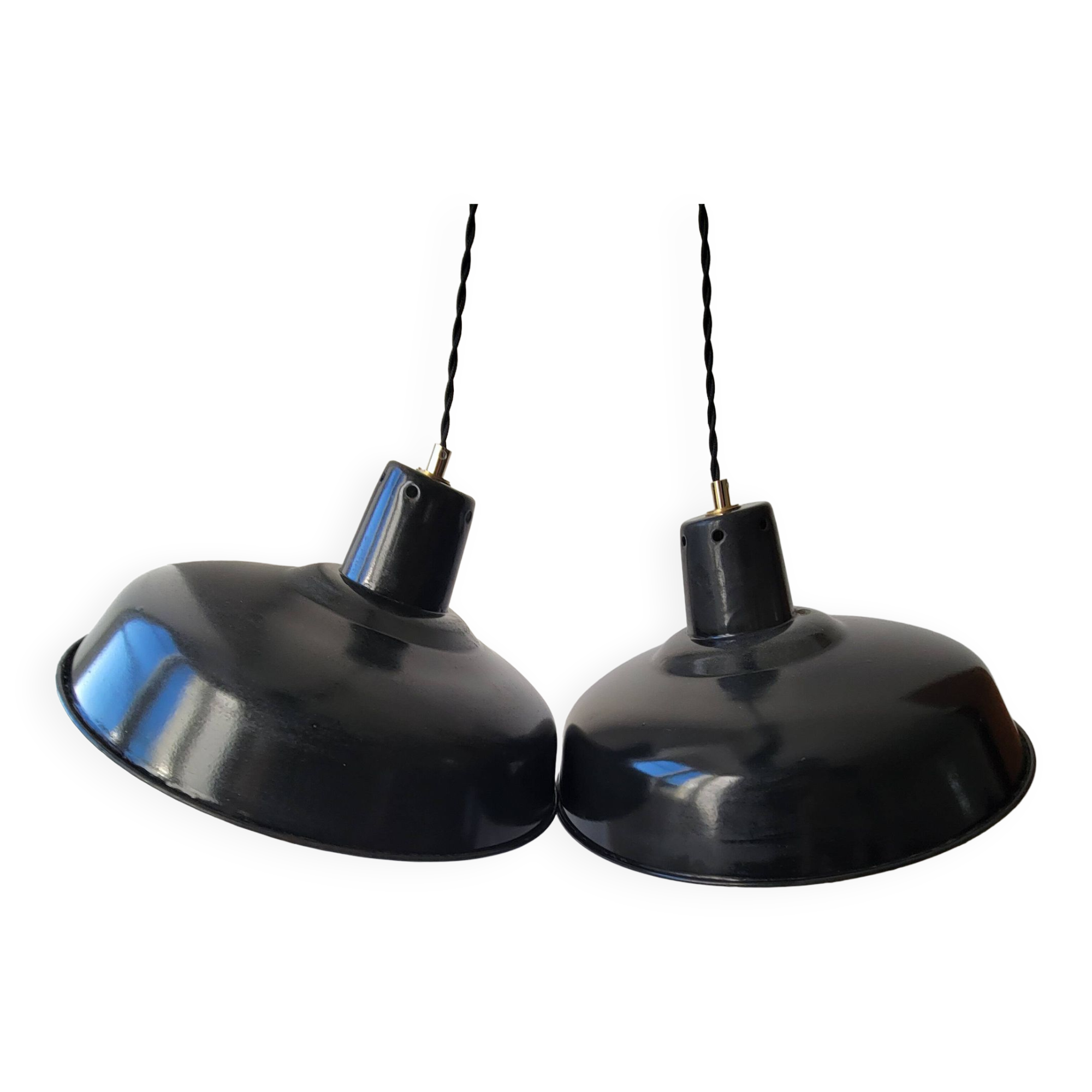 Duo of white and black enameled sheet metal pendants