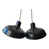 Duo of white and black enameled sheet metal pendants