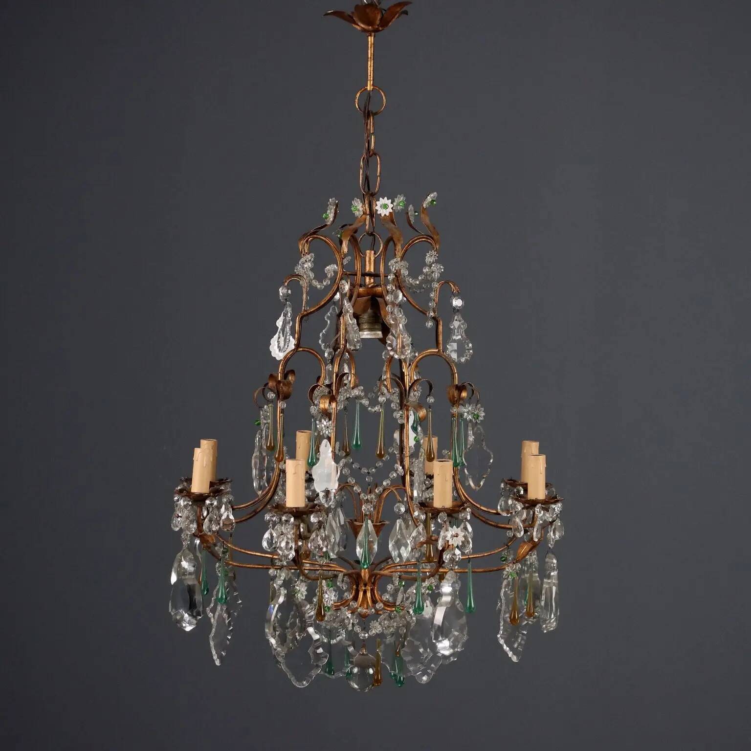 Antique chandelier in gilded iron and glass, Italy, 20th century