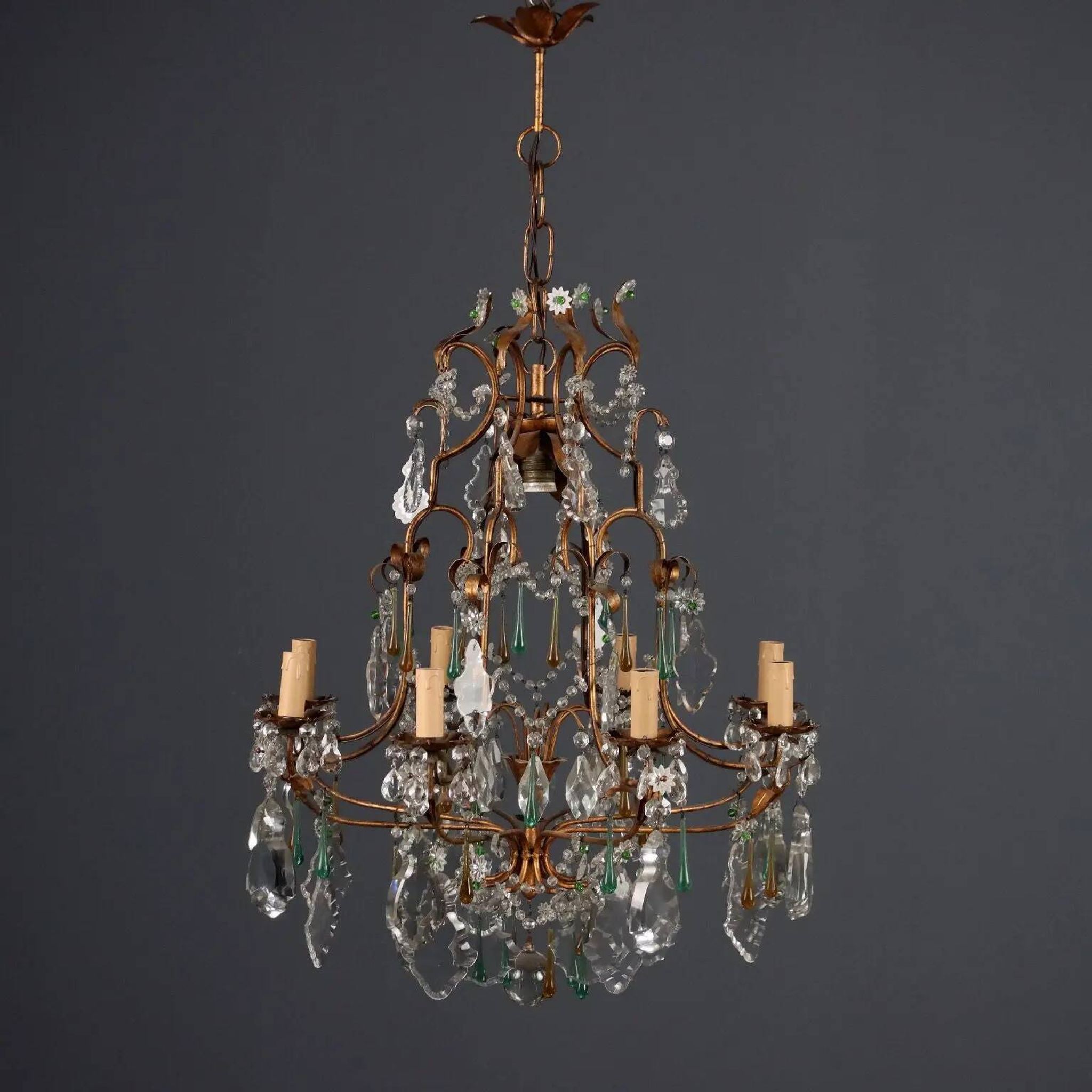 Antique chandelier in gilded iron and glass, Italy, 20th century