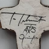 Ceramic cross with a blue background and bird decoration by Taburet Quimper, 20th century.