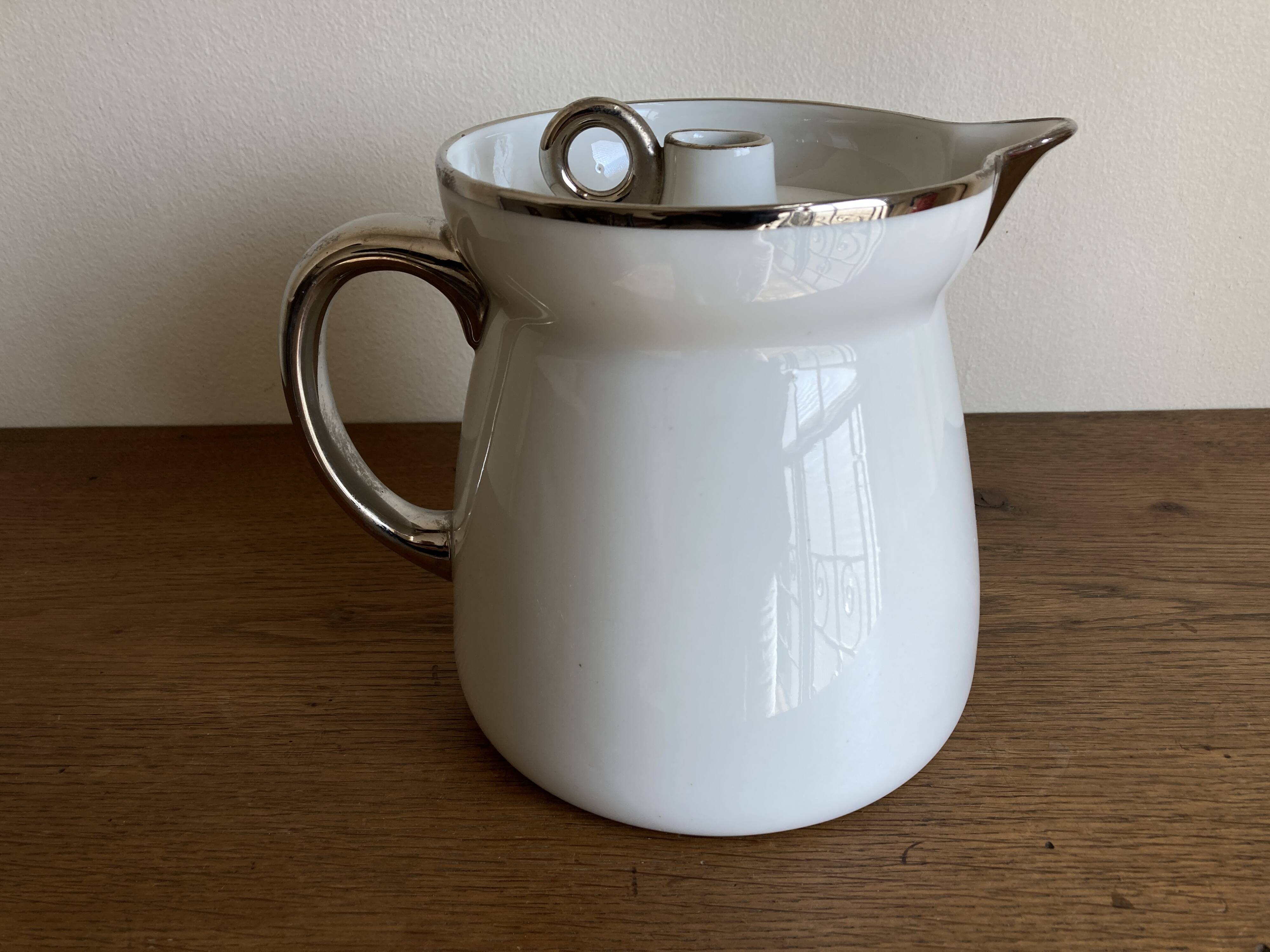 XXL modernist flowerpot pitcher vase in platinum and white porcelain