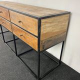 Antique wooden console with black metal base and 6 drawers