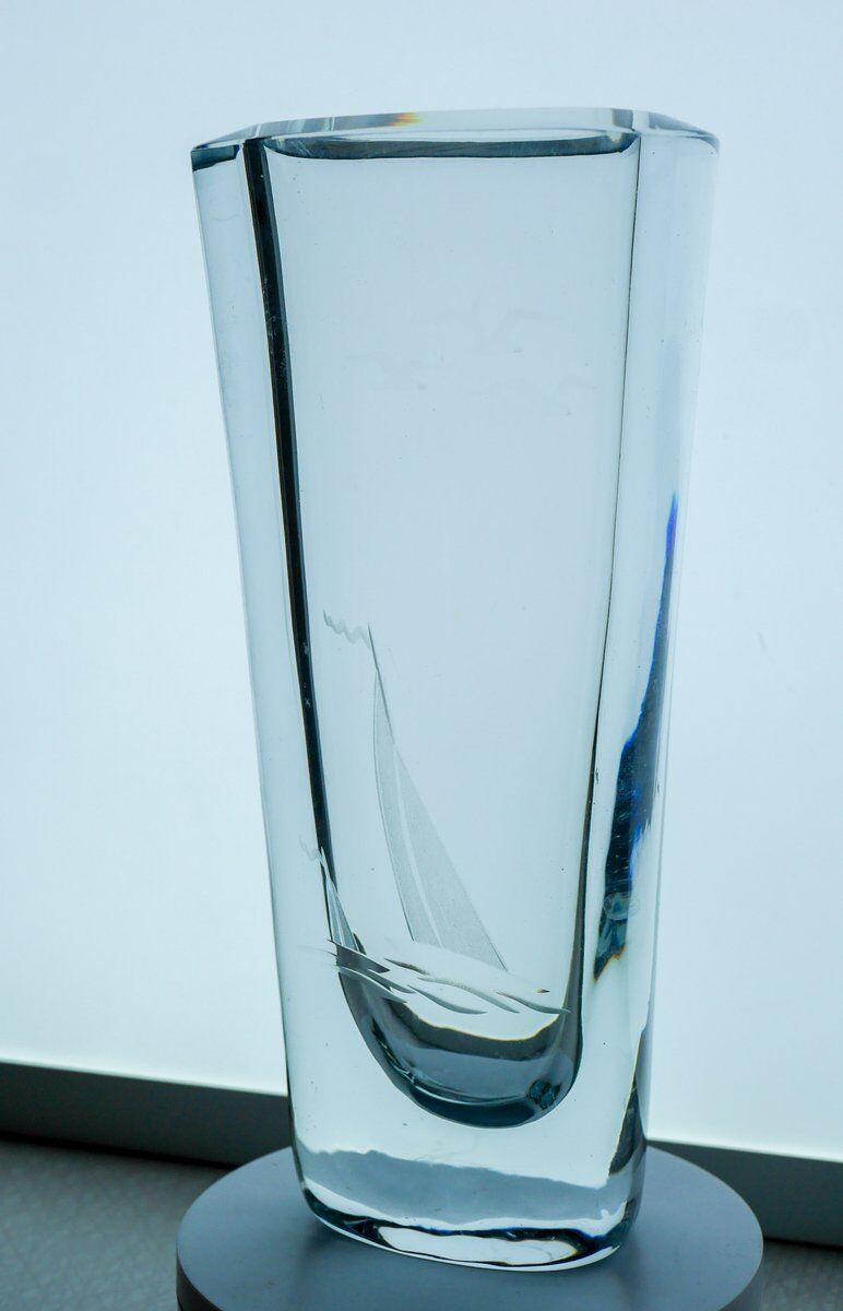 Etched glass vase with nautical theme from Strömbergshyttan, Sweden