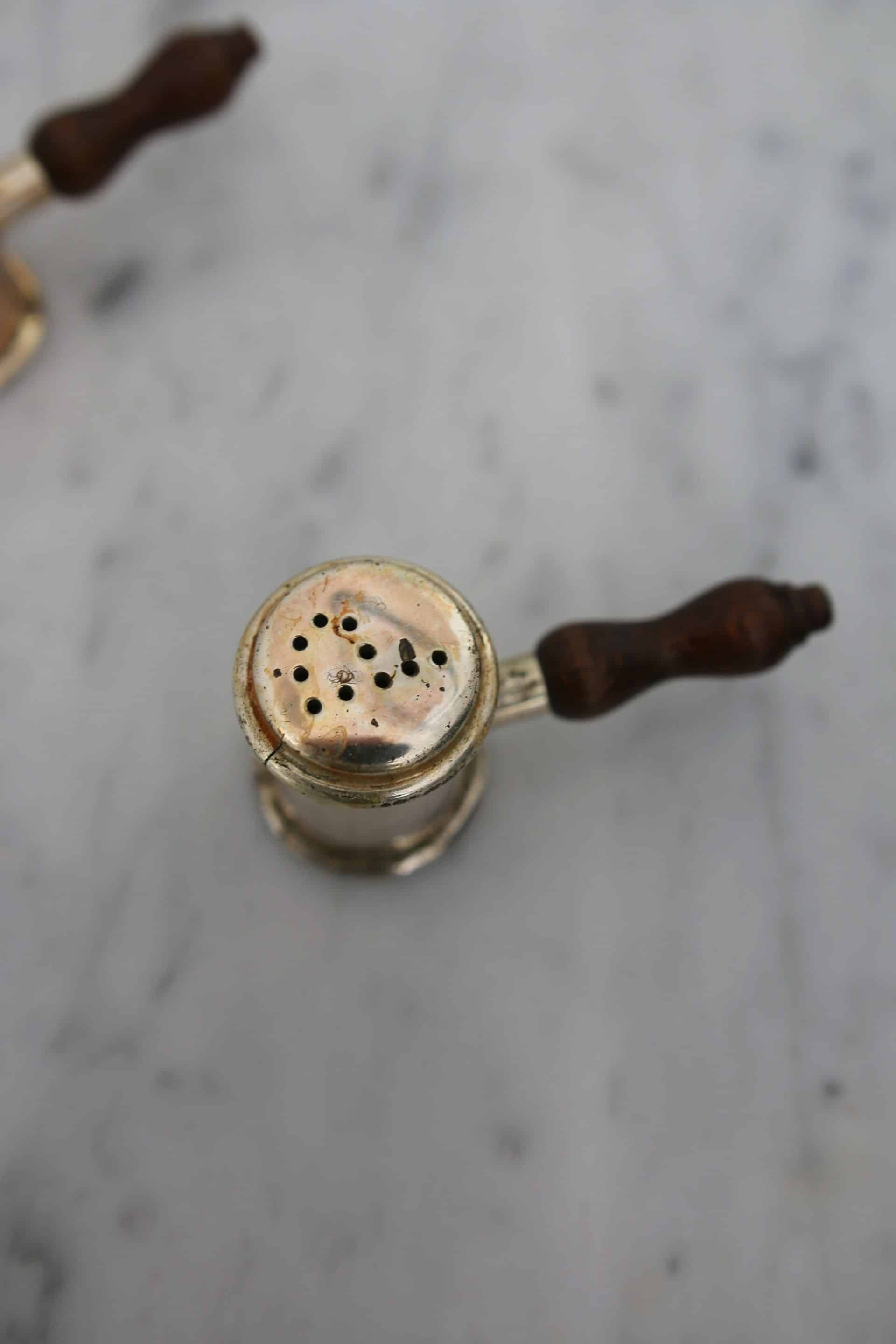 Antique brass salt and pepper shakers, Italy