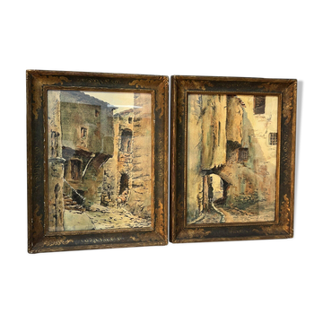 Watercolor by Emile Gudin (1874-1957), rue de Riez, southern town