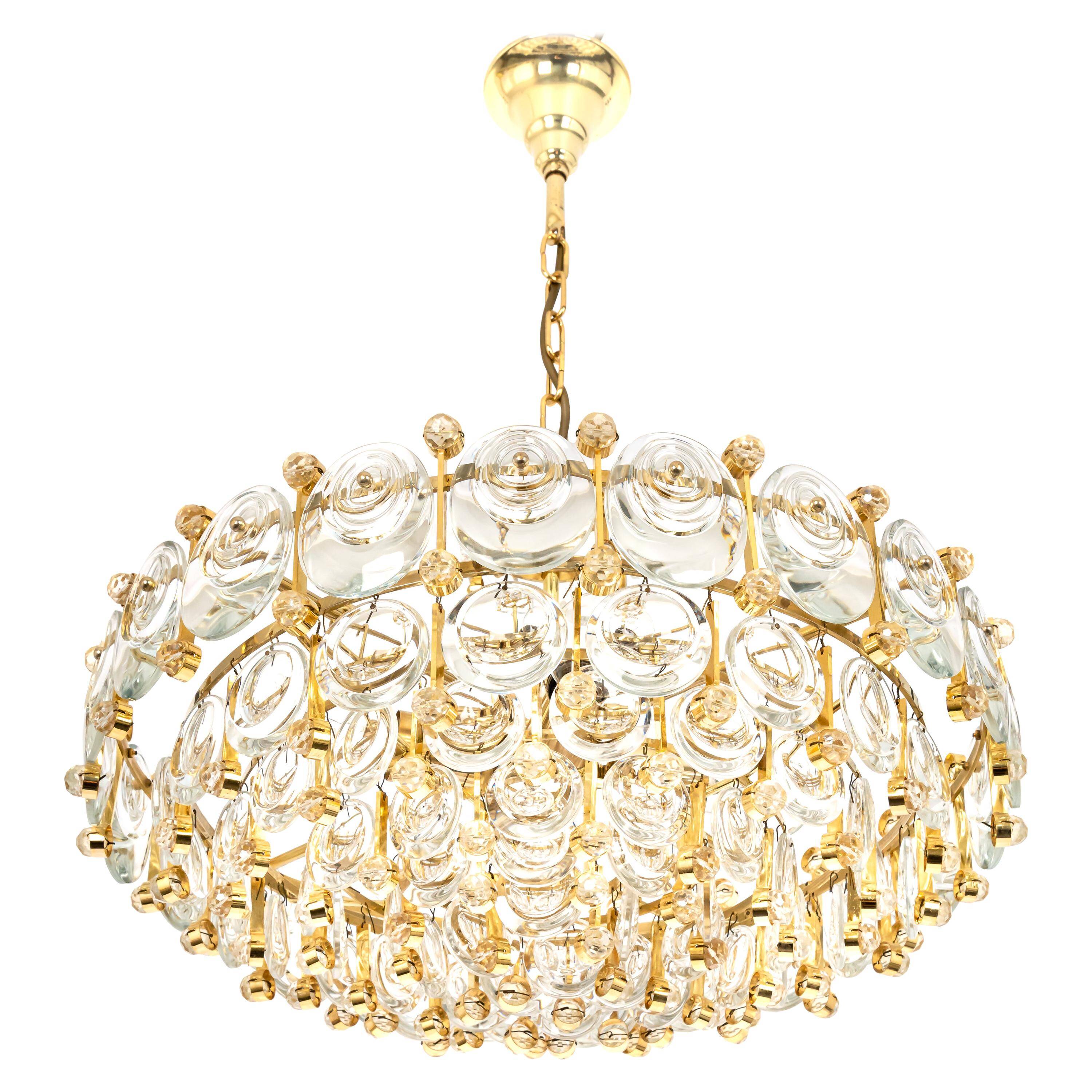 Brass and crystal chandelier, Sciolari design by Palwa, Germany, 1970s.