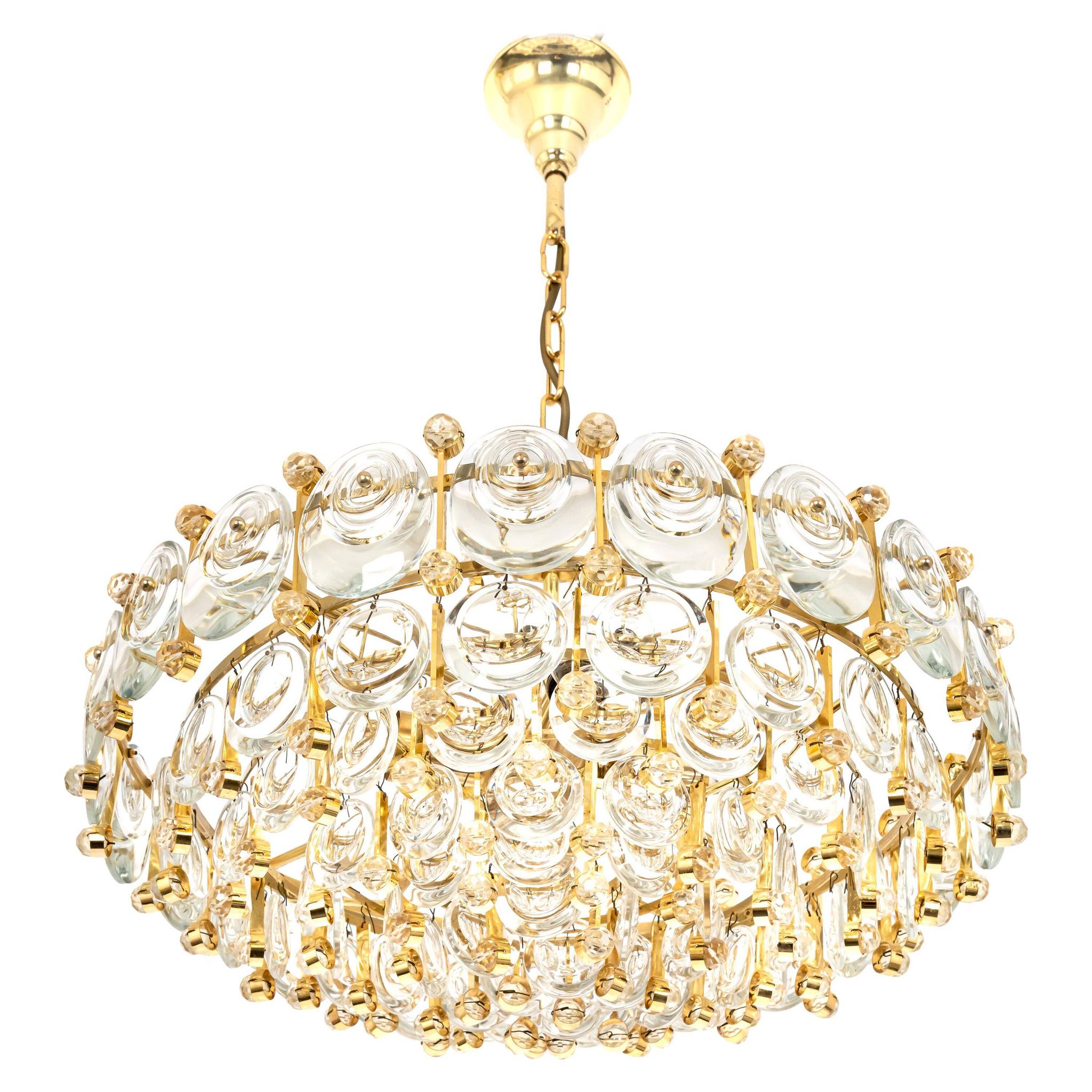 Brass and crystal chandelier, Sciolari design by Palwa, Germany, 1970s.