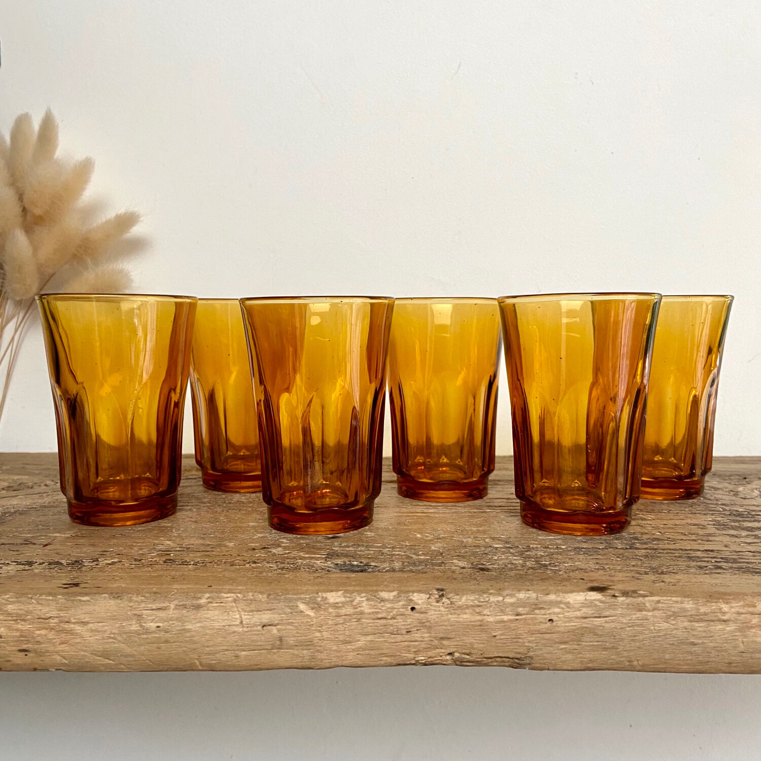 6 vintage amber glasses