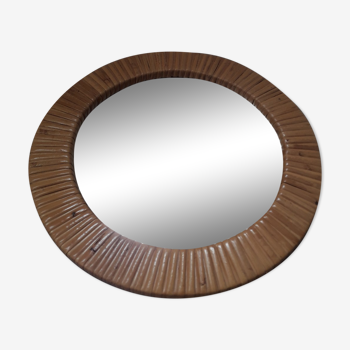 Miroir vintage rond rotin