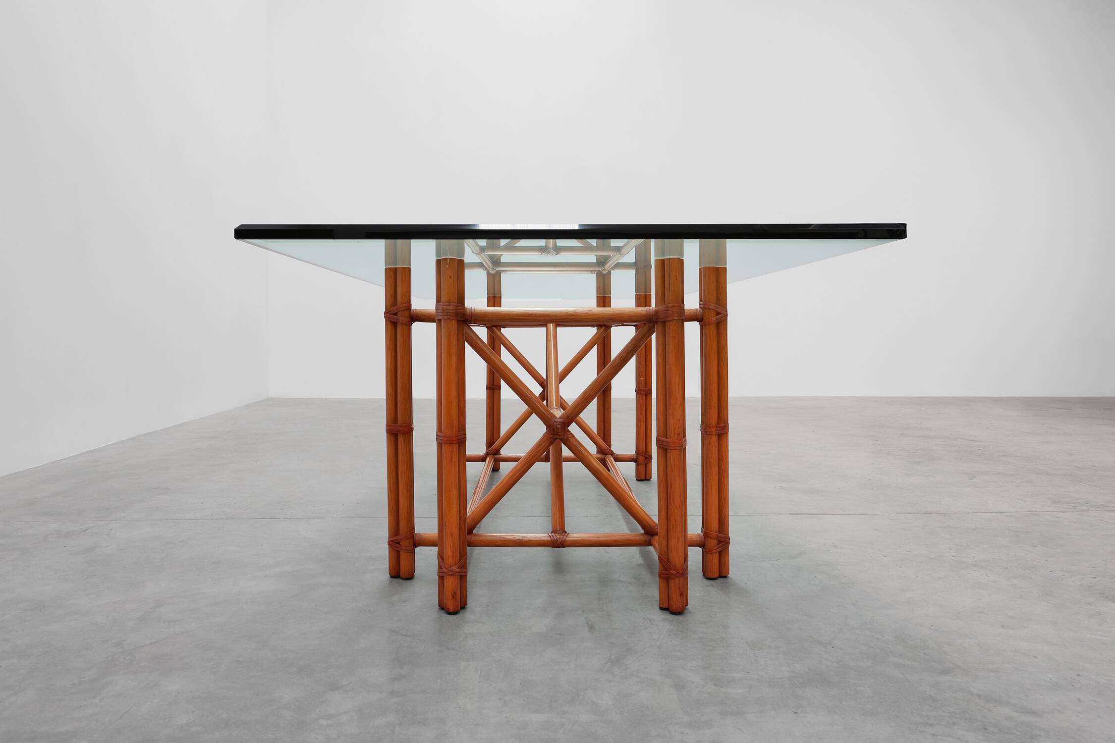 Large monumental bamboo dining table with glass top by Gasparucci, Italy