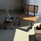 Small stool, rectangular solid teak side table with curved legs.