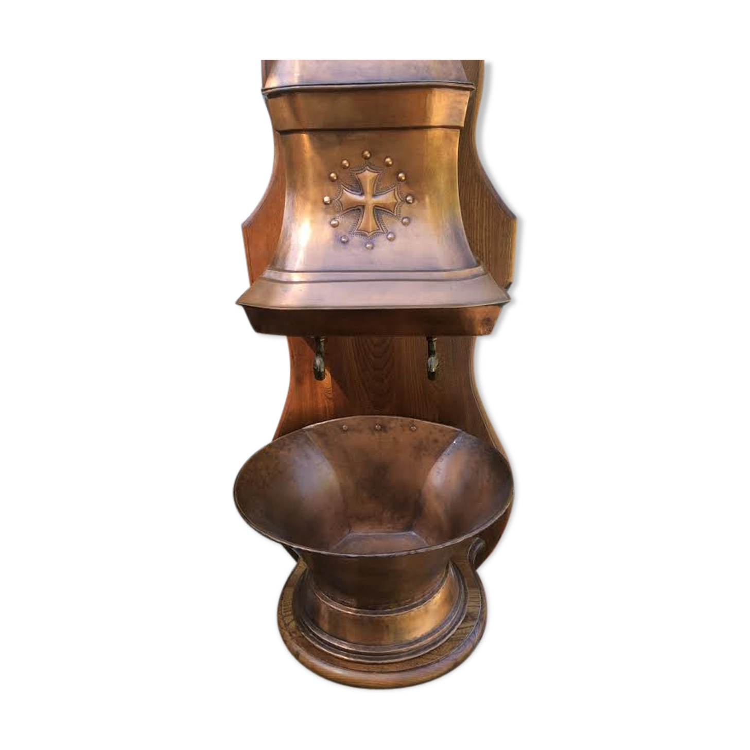 Copper fountain with wood support