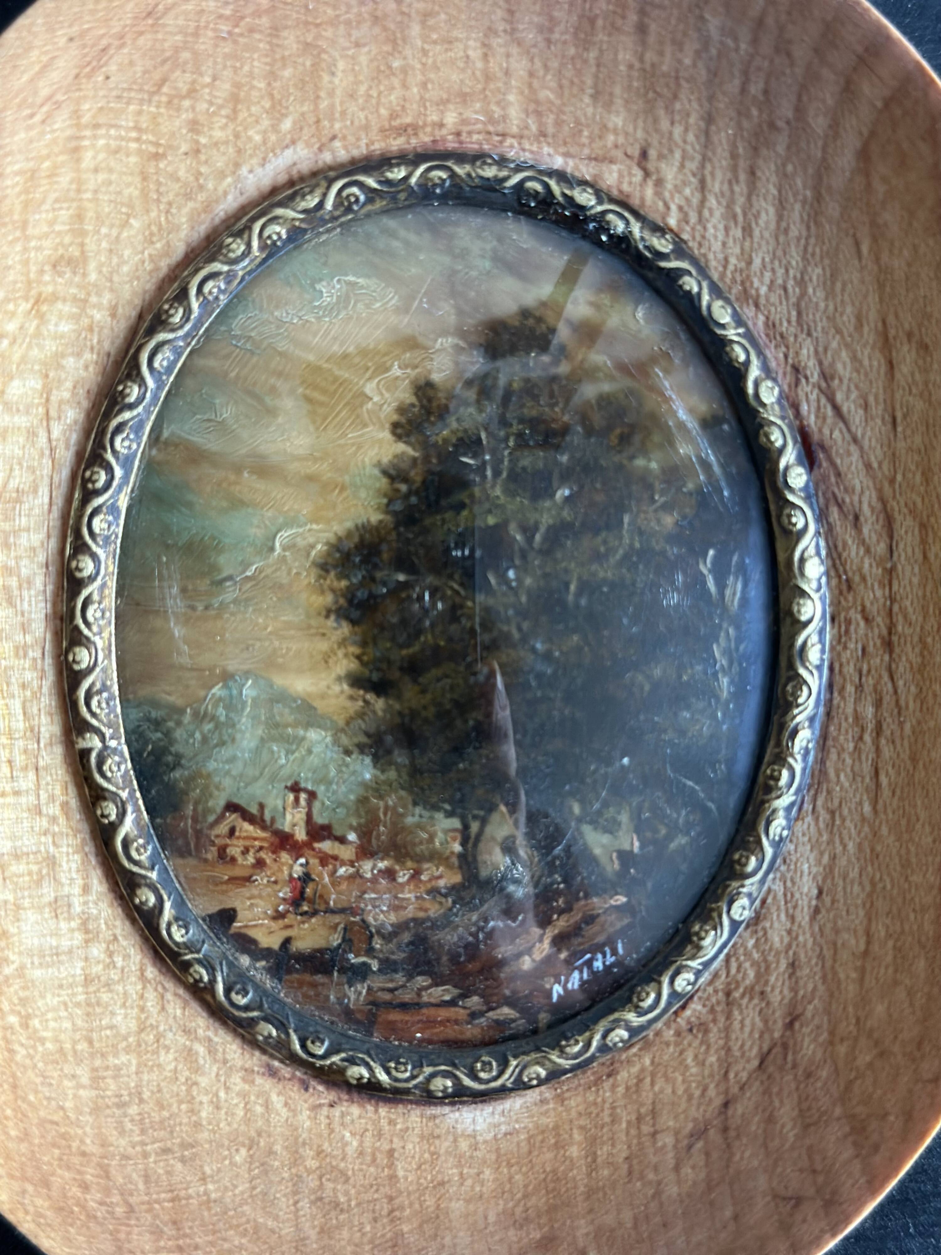 Antique oval miniature painting landscape signed Natali early 20th century