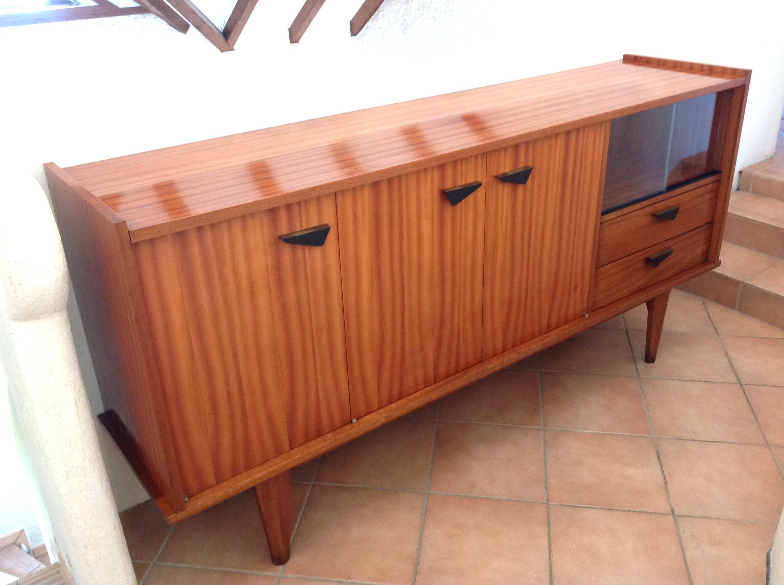 Varnished wooden sideboard with glass storage / vintage 60s-70s