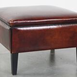 Large square sheepskin leather ottoman with a beautiful patina