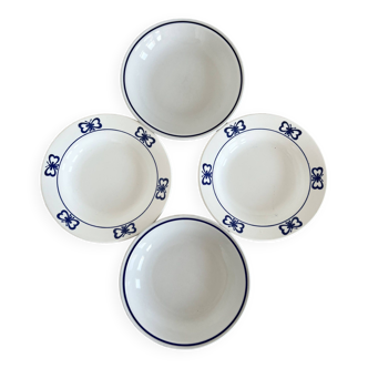 4 assiettes creuses vintage dépareillées porcelaine bleue blanche bistrot et papillons lot N