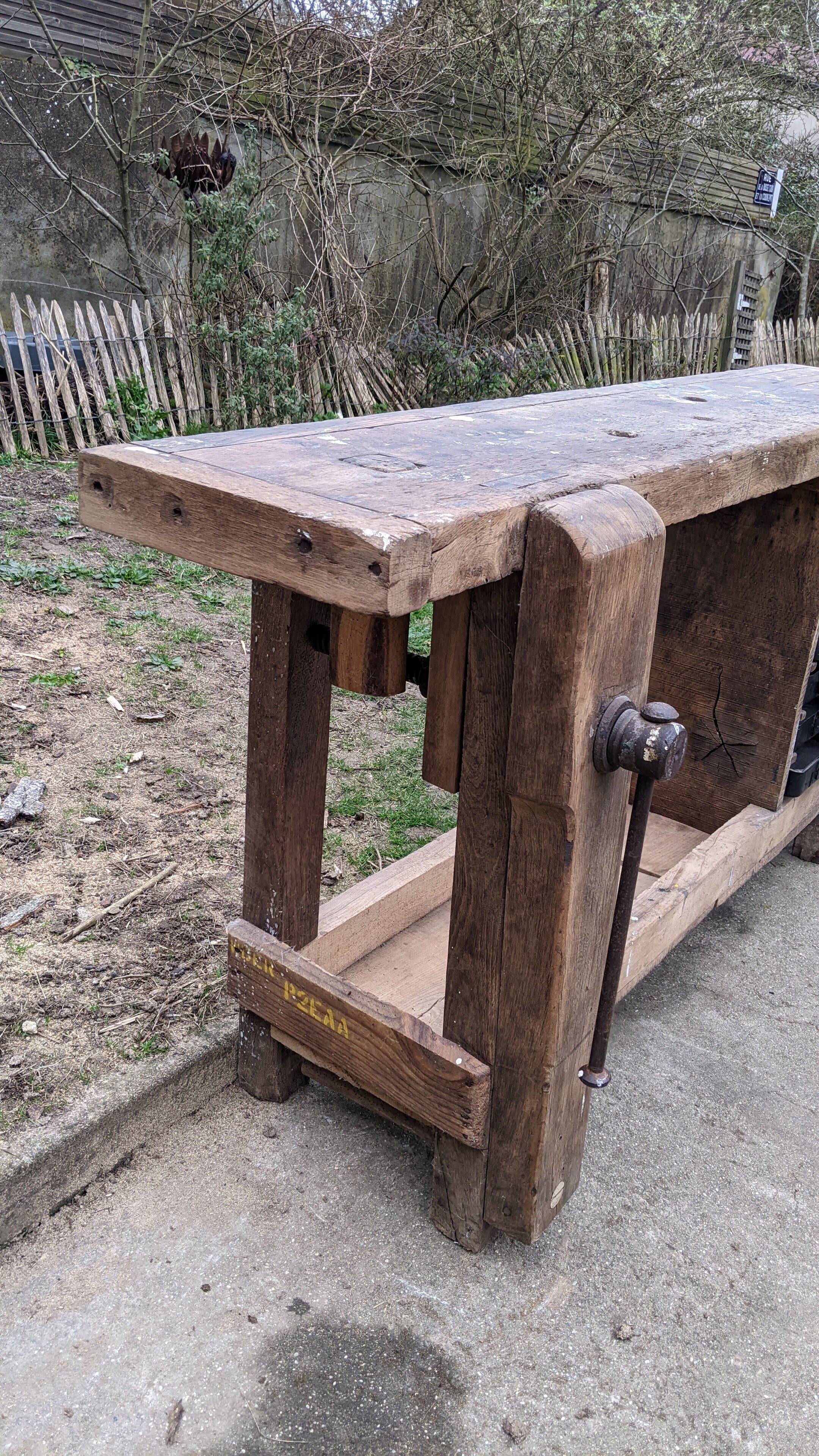 Old solid oak carpenter's workbench