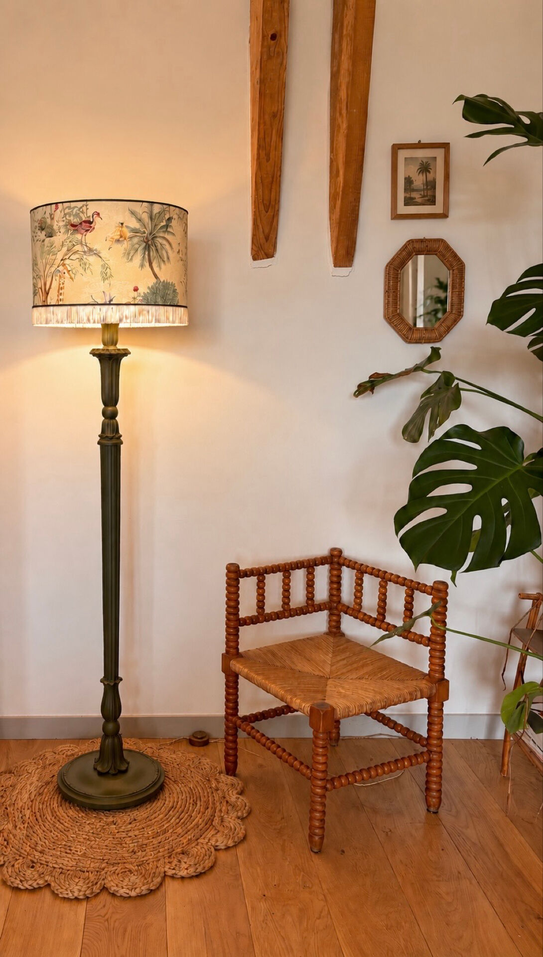 Restored vintage floor lamp – handmade Thevenon lampshade