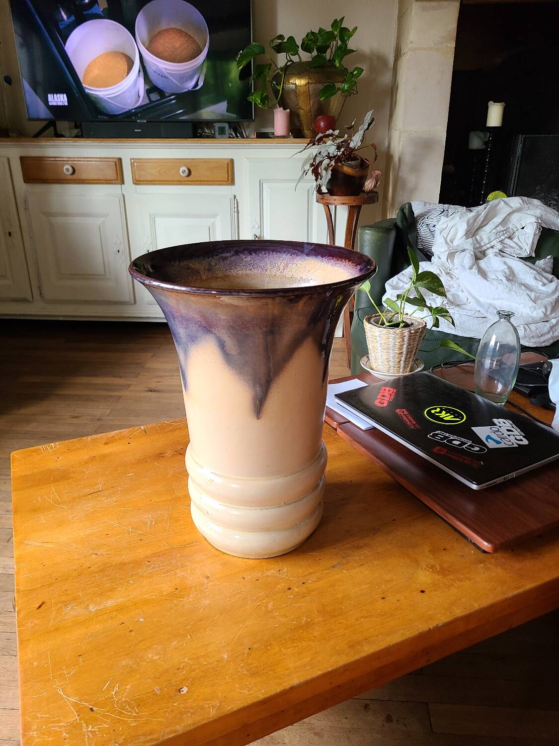 Large ceramic vase circa 50 blue/purple/beige enamel