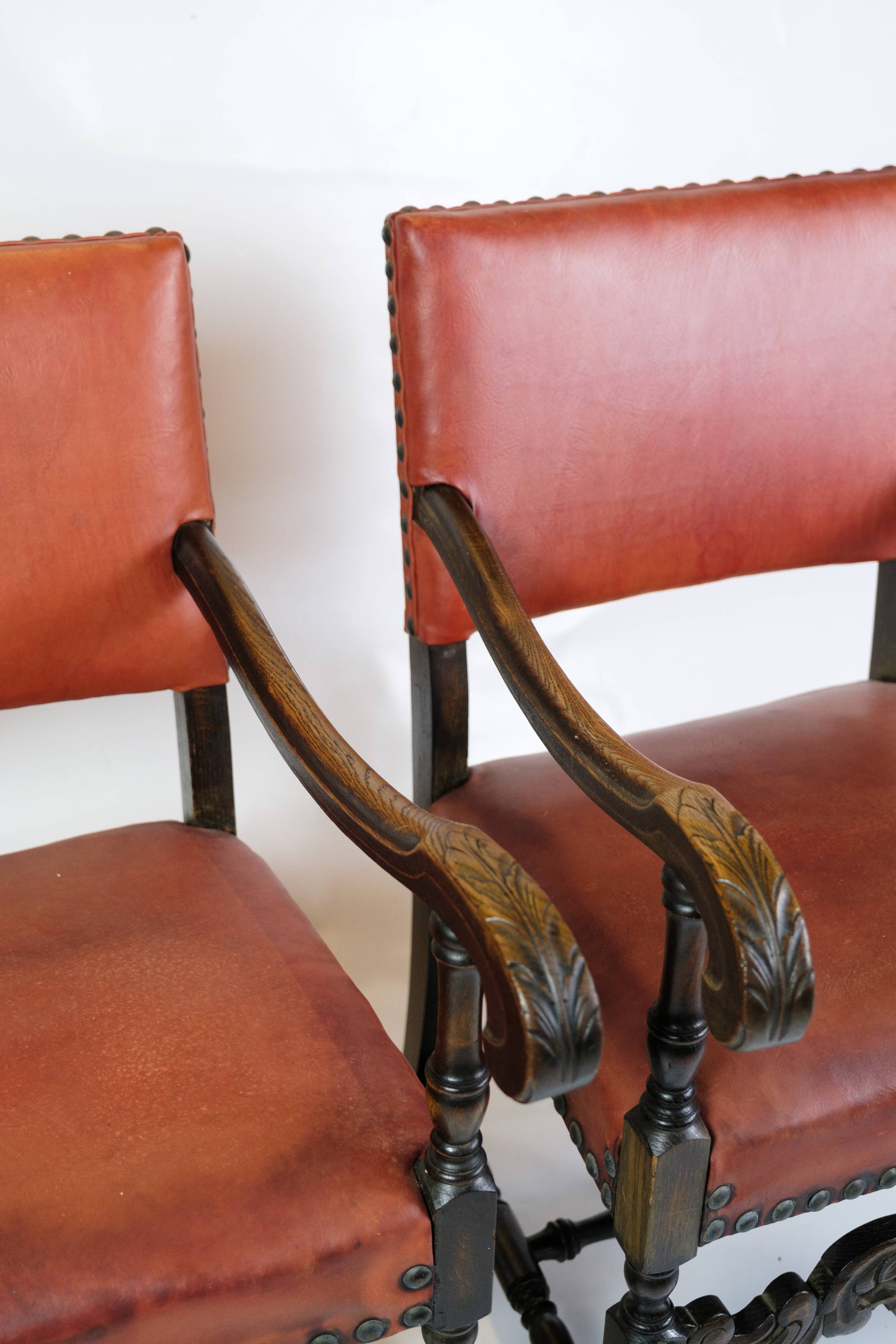 Set Of 2 Antique Armchairs Made In Oak & Red Leather From 1930s