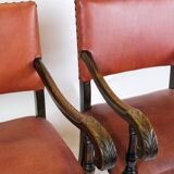 Ensemble de 2 fauteuils anciens en chêne et cuir rouge des années 1930