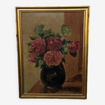 Tableau ancien, bouquet de roses