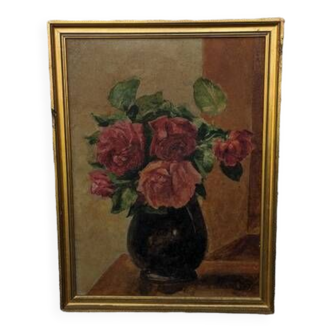 Tableau ancien, bouquet de roses