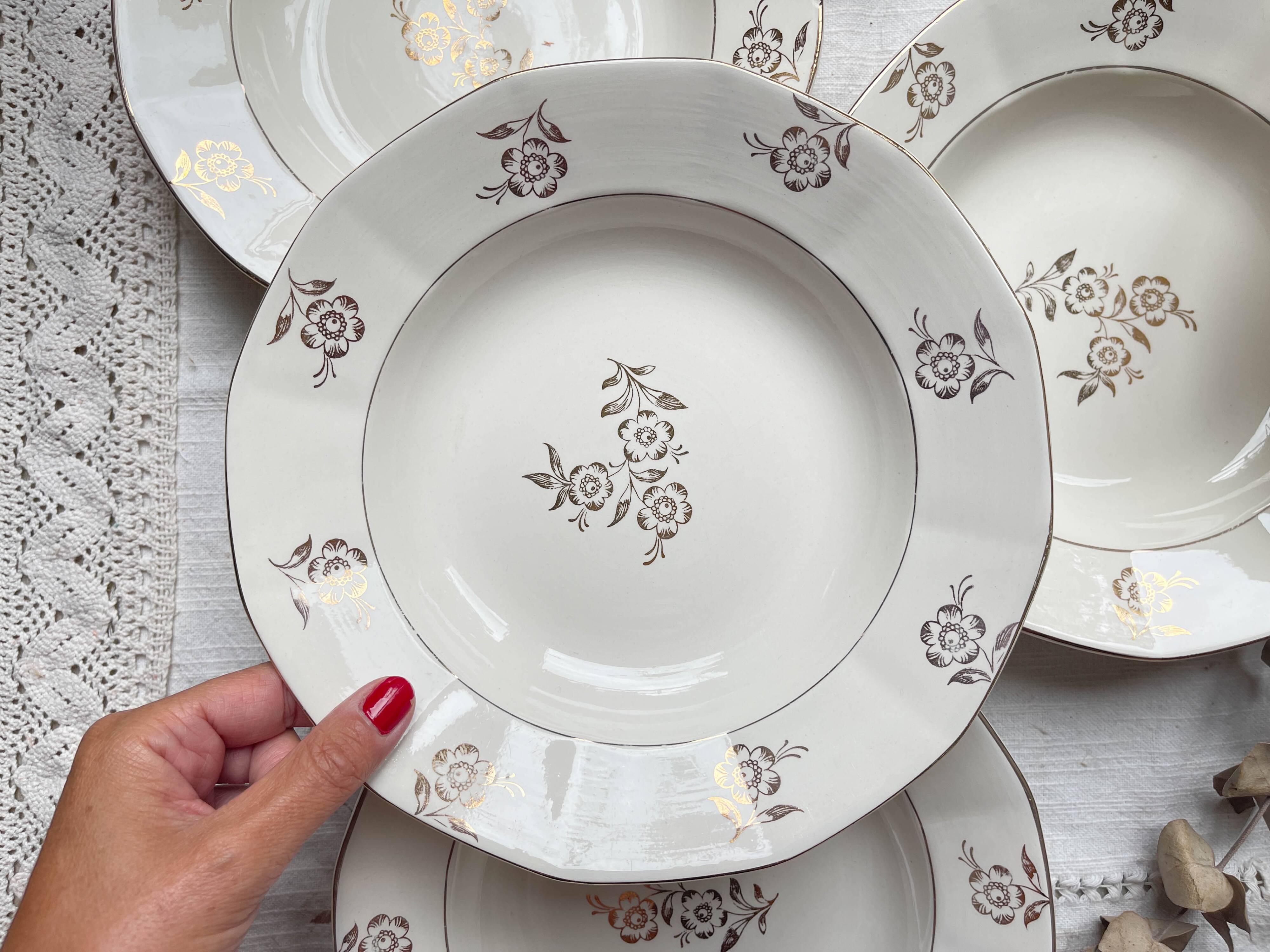 7 vintage porcelain soup plates Digoin Sarreguemines model Raphael with golden flower motif