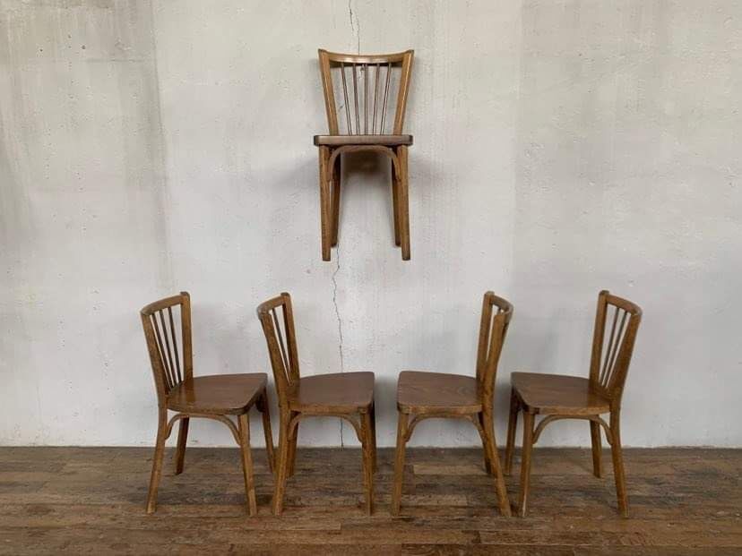 Series of 5 old baumann bistro chairs in curved wood