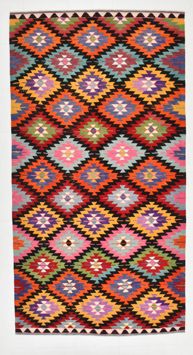 Geometric Multicolor Turkish Kilim Rug, 158x297Cm