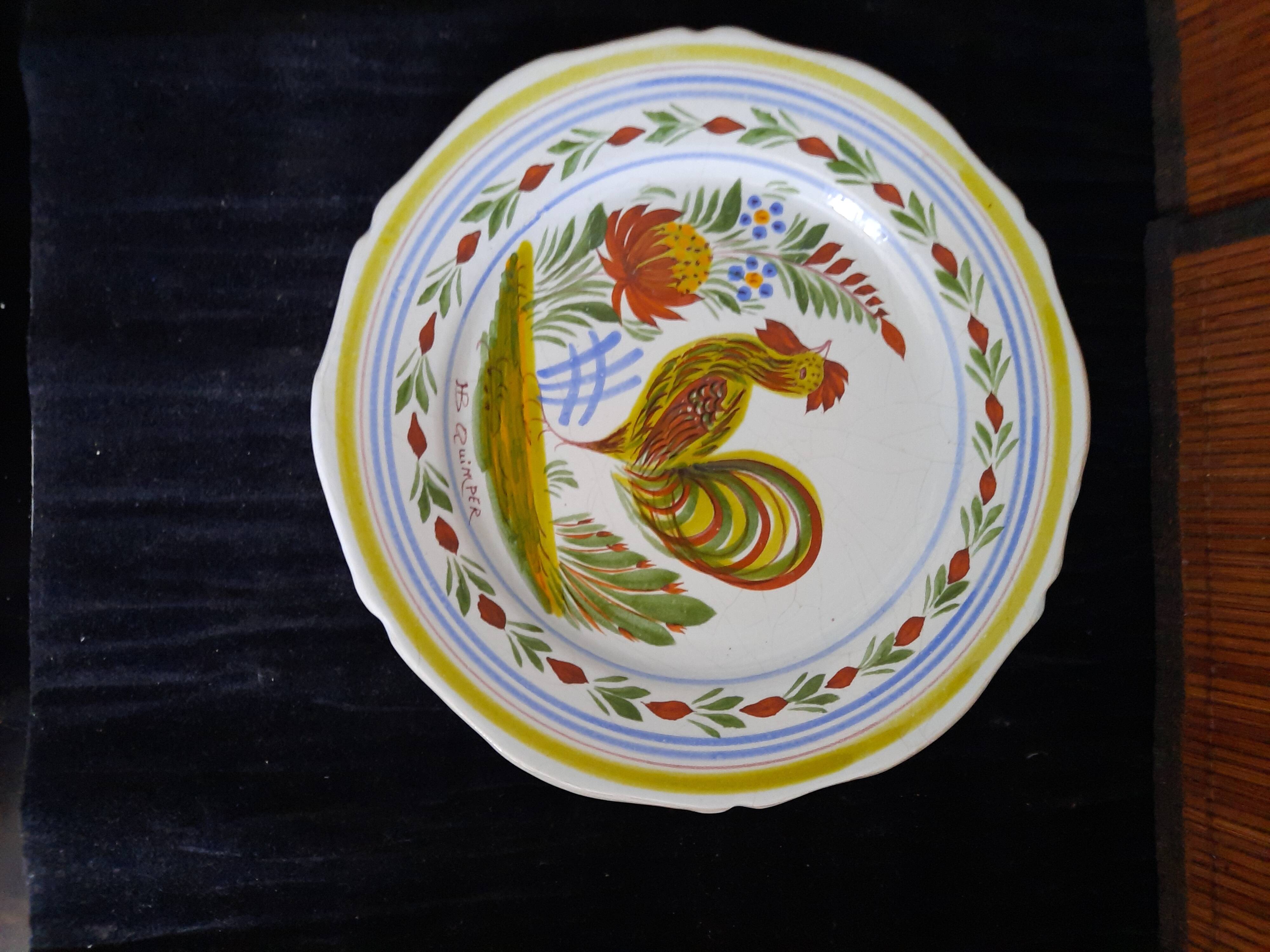 Old HB Quimper Plate Traditional Hand-Painted Rooster Decoration Earthenware 25cm