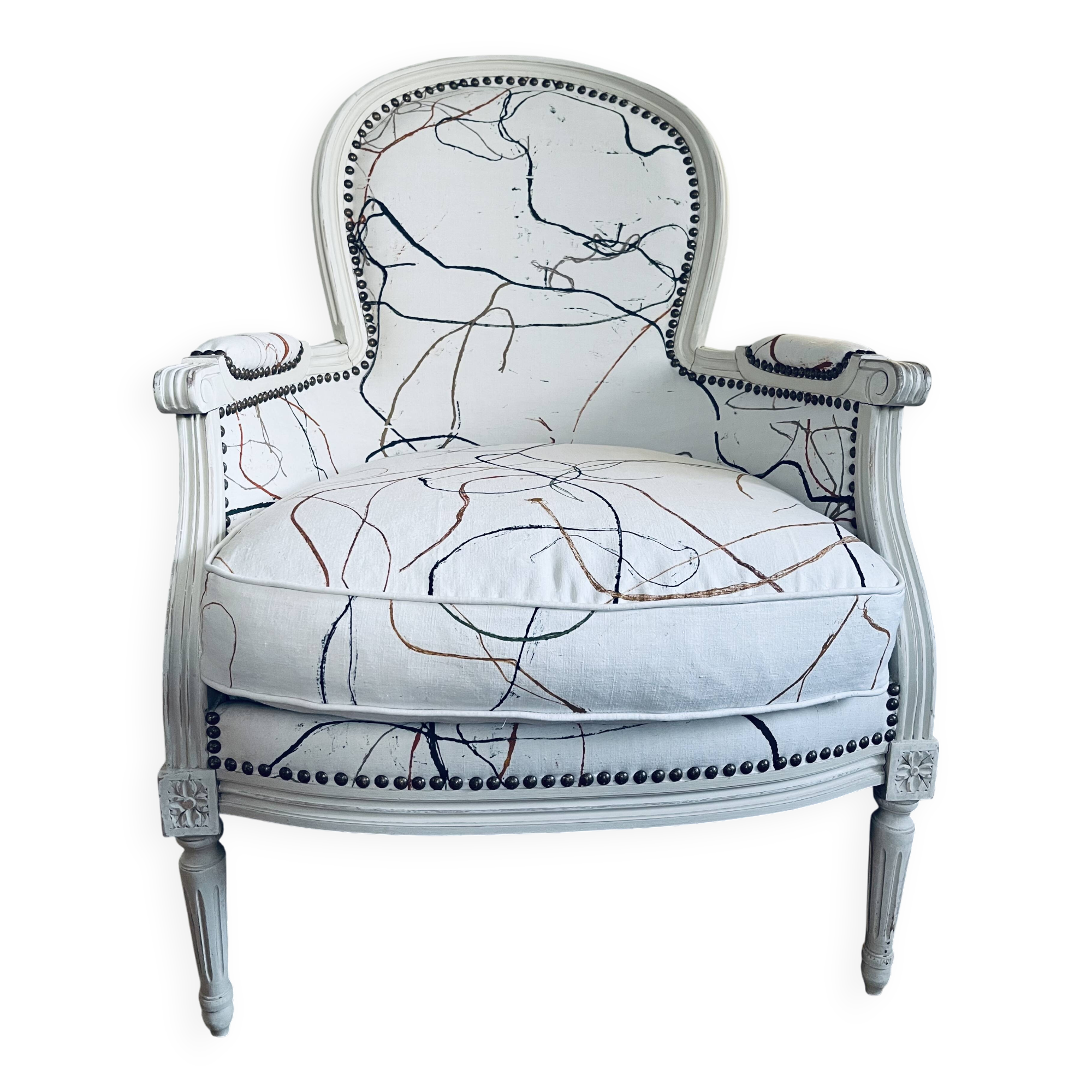 Shepherdess reupholstered with old linens by Sophie de Garam